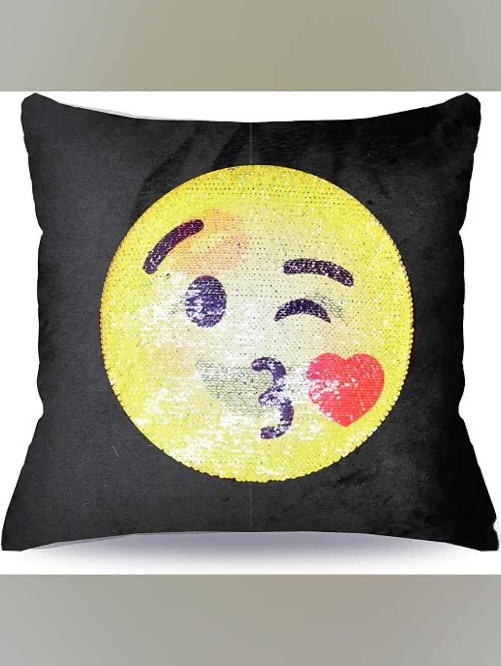 Emoji Pals Sequin Winking Kiss Emoji Plush Reversible Sequin Throw Pillow